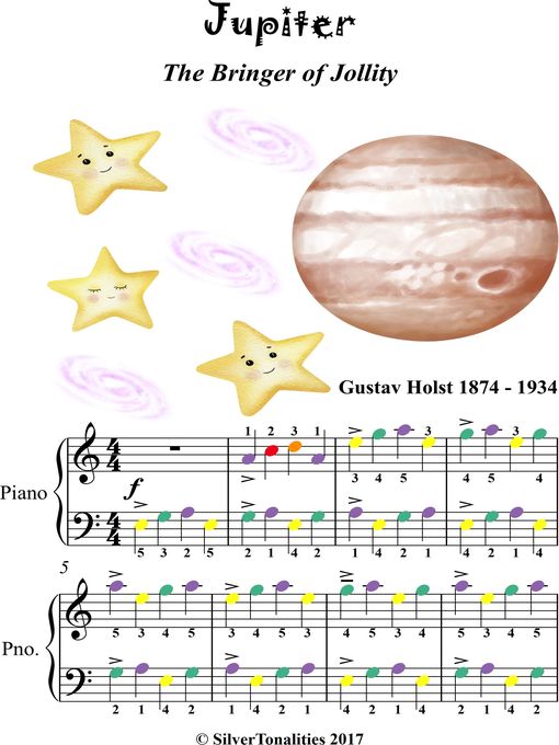 Cover image for Jupiter the Bringer of Jollity Easy Piano Sheet Music with Colored Notes